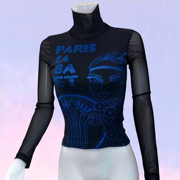 American Vintage Tops - Vintage 90s y2k graphic face print euro french mesh turtleneck